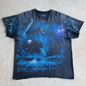 Vintage Liquid Blue Wolf Moon All Over Print 2001 T-Shirt XL Distressed Thrashed